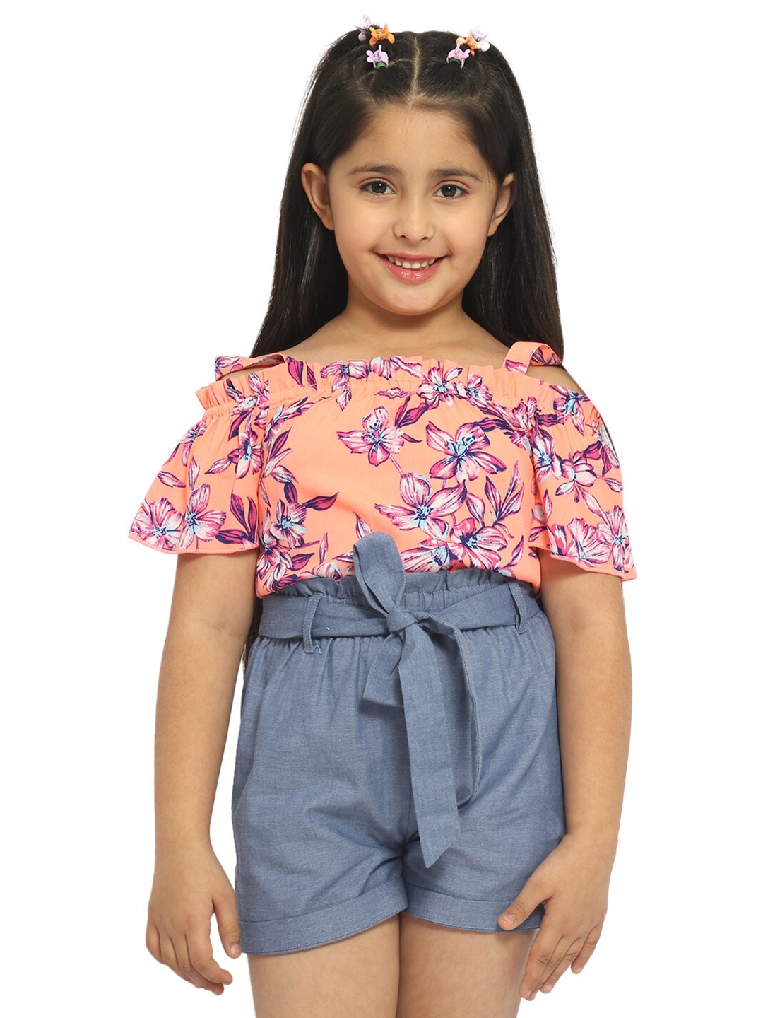 

Nauti Nati Girls Floral Printed Short Sleeves Top with Shorts, Peach