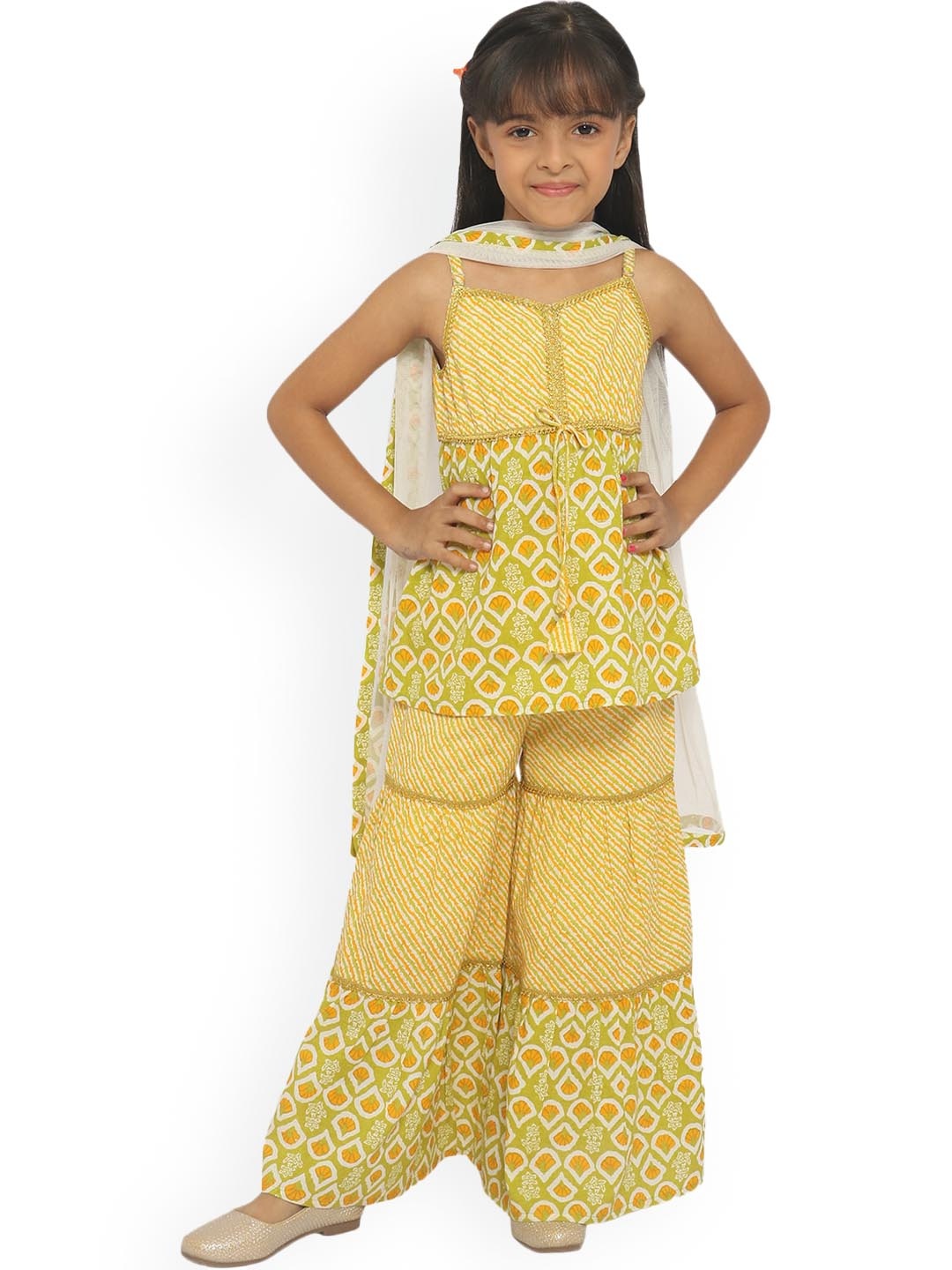 

Nauti Nati Girls Ethnic Printed Pure Cotton Kurti with Sharara & With Dupatta, Yellow