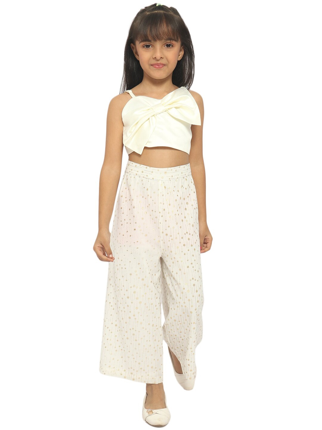 

Nauti Nati Girls Printed Shoulder Straps Top With Palazzo, Off white