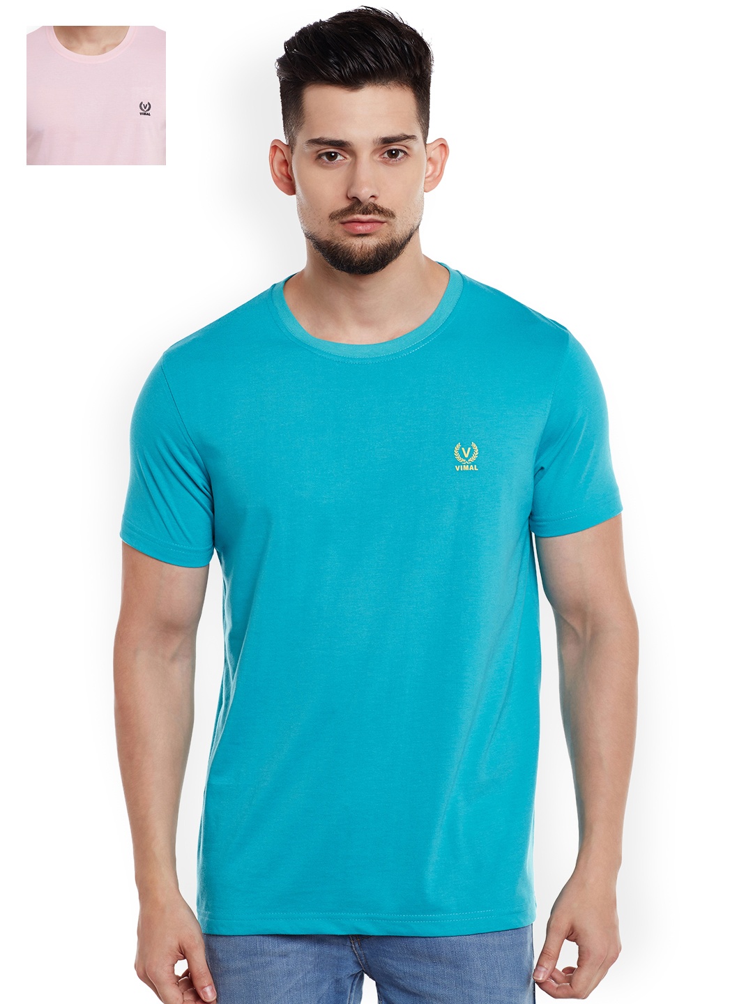

VIMAL Pack of 2 Pure Cotton T-shirts, Turquoise blue