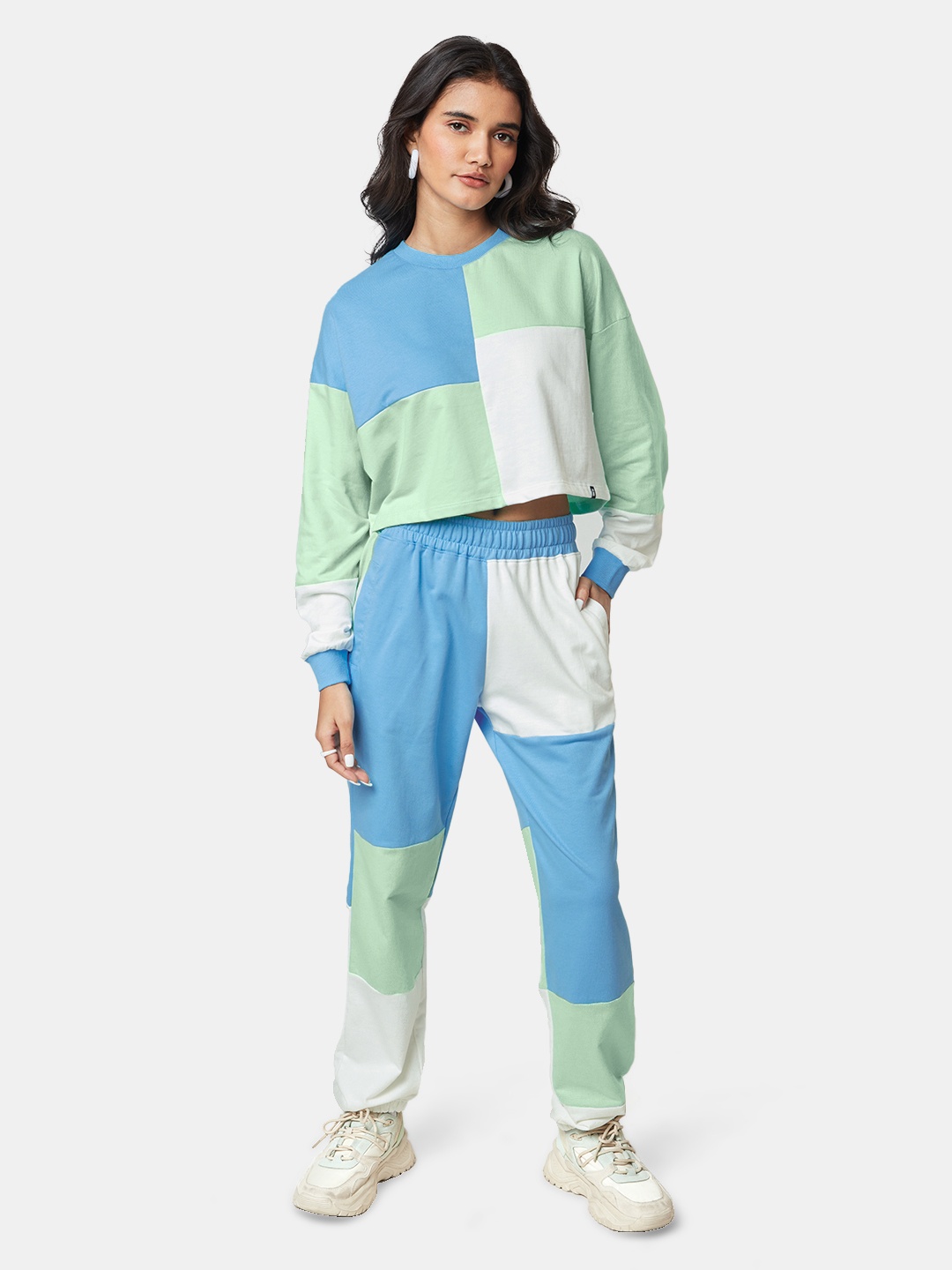 

The Souled Store Women Colorblocked Pure Cotton Round Neck Co-Ords, Turquoise blue