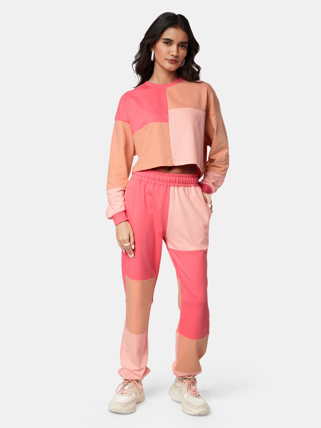 

The Souled Store Women Colorblocked Pure Cotton Round Neck Co-Ords, Coral