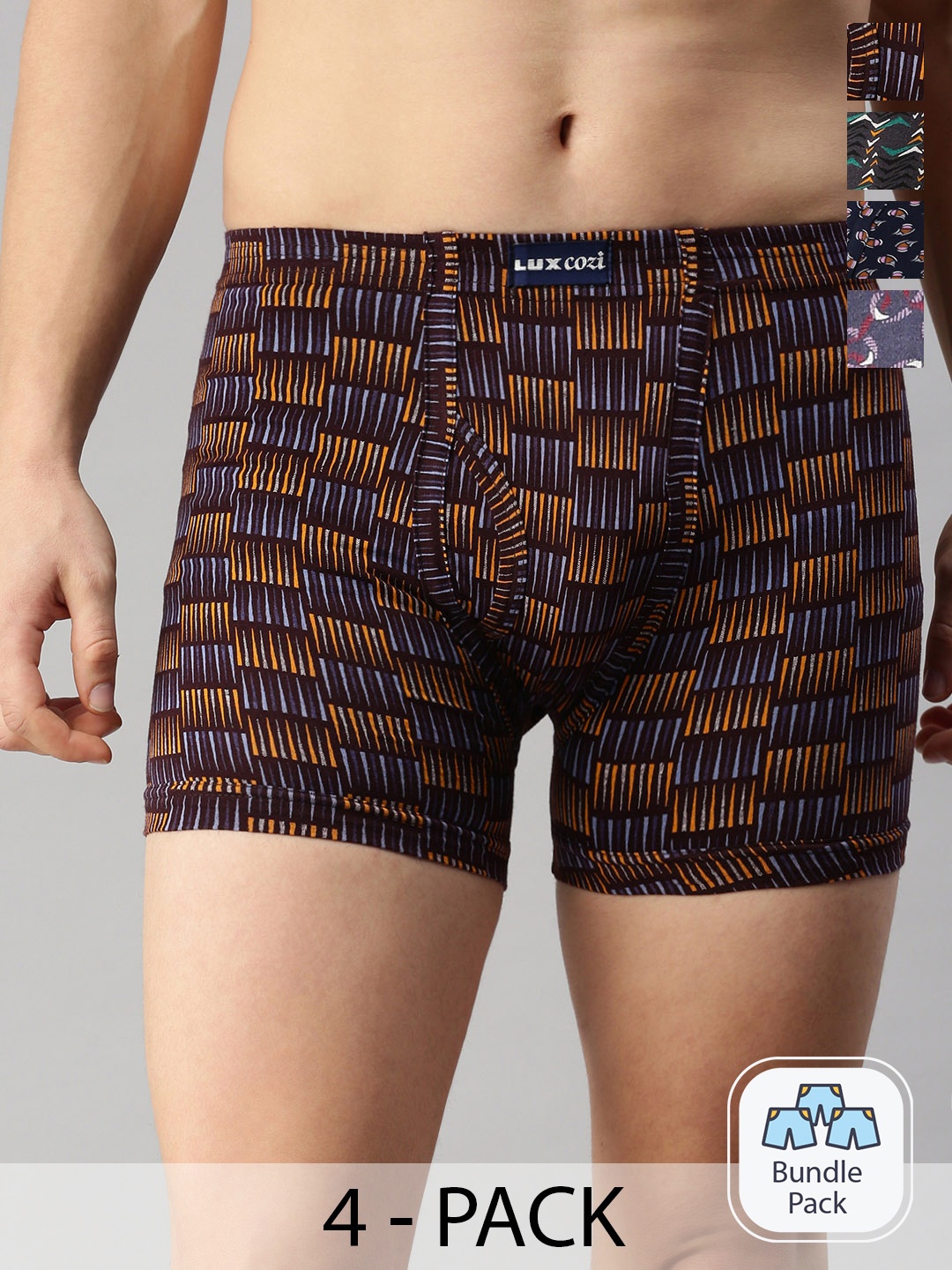 

Lux Cozi Men Pack Of 4 Assorted Pure Cotton Mid-Rise Basic Printed Semi-Long Trunks, Teal