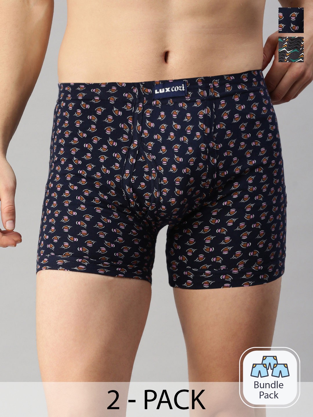Lux Cozi Men Pack Of 2 Assorted Pure Cotton Mid-Rise Basic Printed Semi-Long Trunks, Burgundy