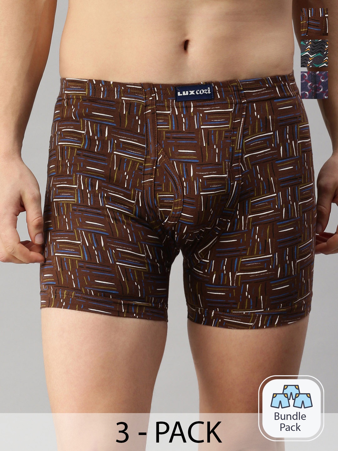 

Lux Cozi Men Pack Of 3 Assorted Pure Cotton Mid-Rise Basic Printed Semi-Long Trunks, Teal