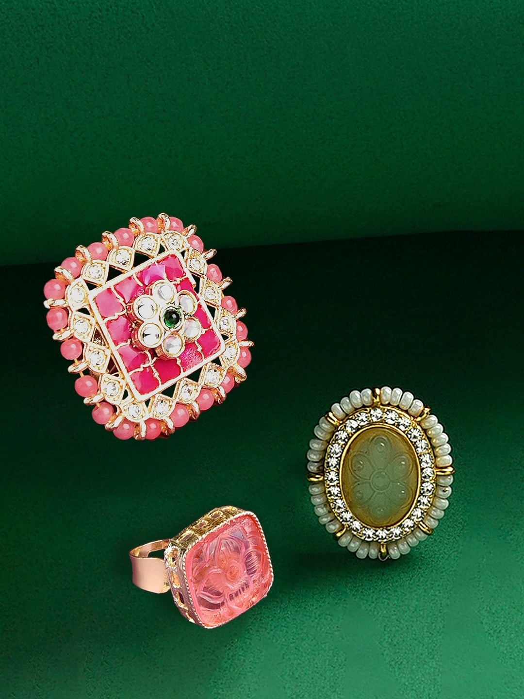 

Zaveri Pearls Set of 3 Gold-Plated Stones & Beads-Studded Meenakari Finger Rings, Pink