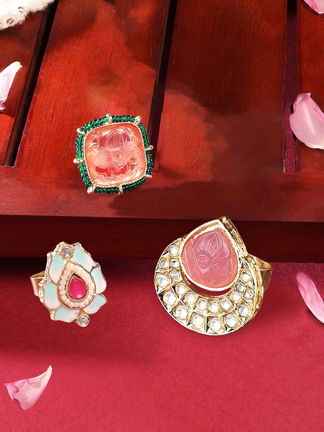 

Zaveri Pearls Set Of 3 Gold-Plated Stone Studded & Beaded Finger Rings
