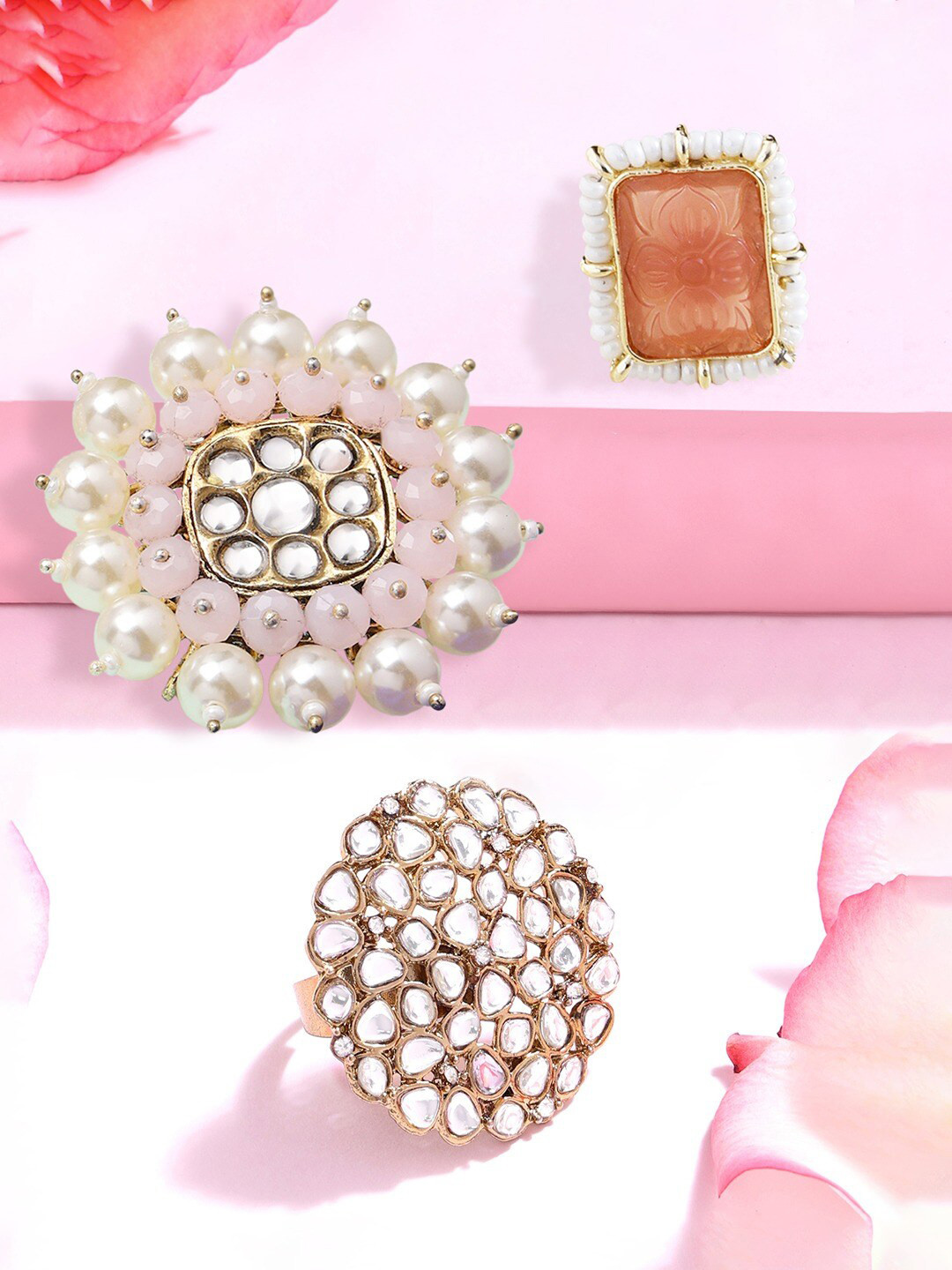 

Zaveri Pearls Set Of 3 Gold-Plated Stone-Studded & Beaded Adjustable Finger Rings