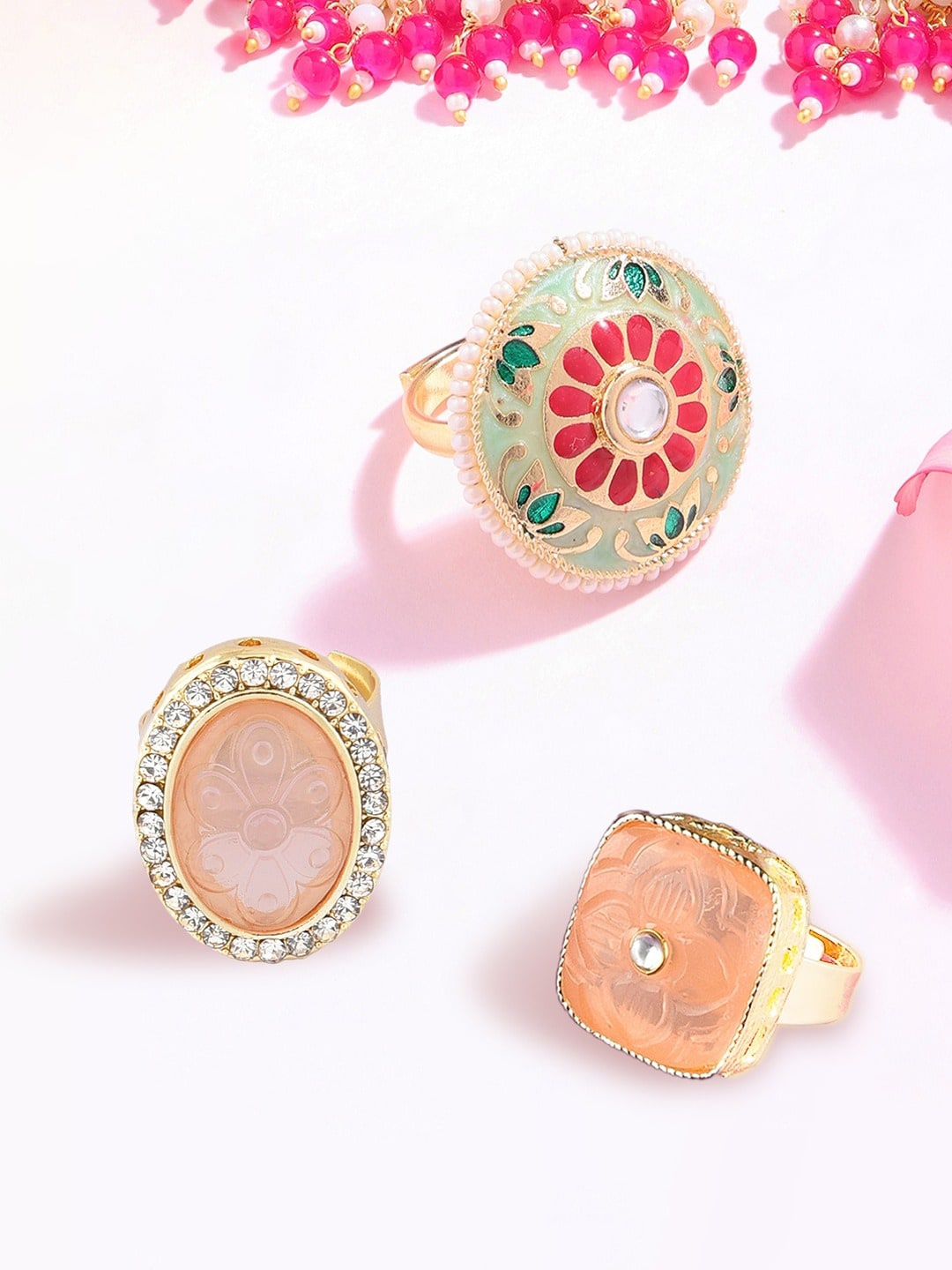 

Zaveri Pearls Set Of 3 Gold-Plated & Stone-Studded Adjustable Finger Rings