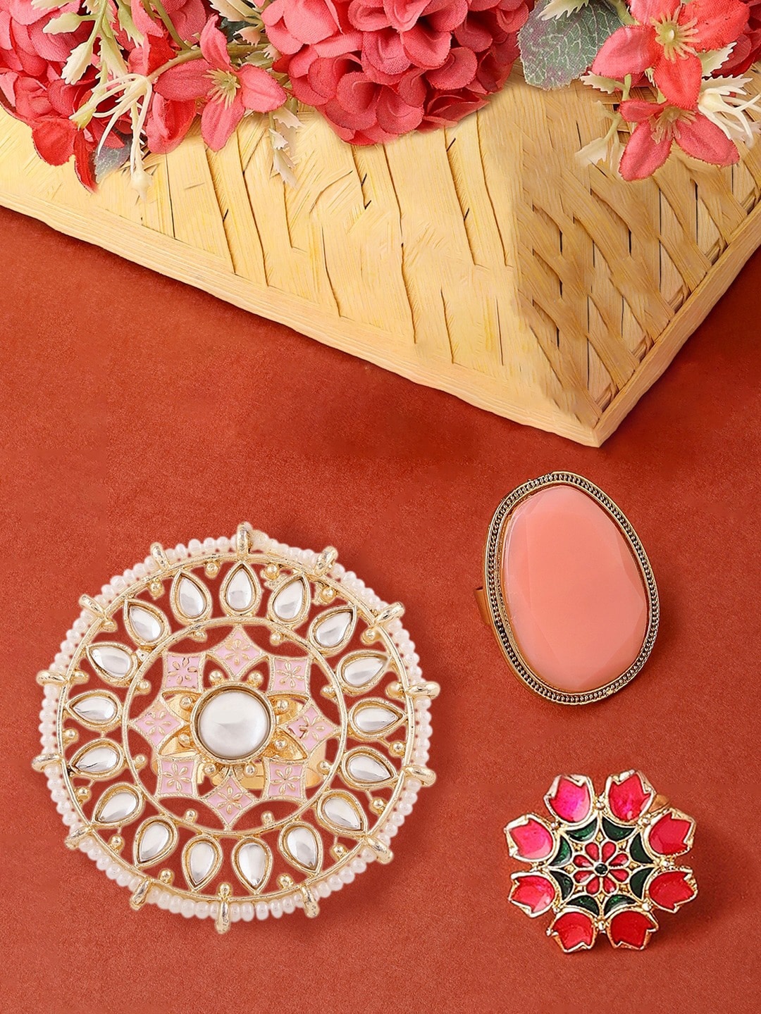 

Zaveri Pearls Set Of 3 Gold-Plated Kundan Studded & Beaded Meenakari Finger Rings