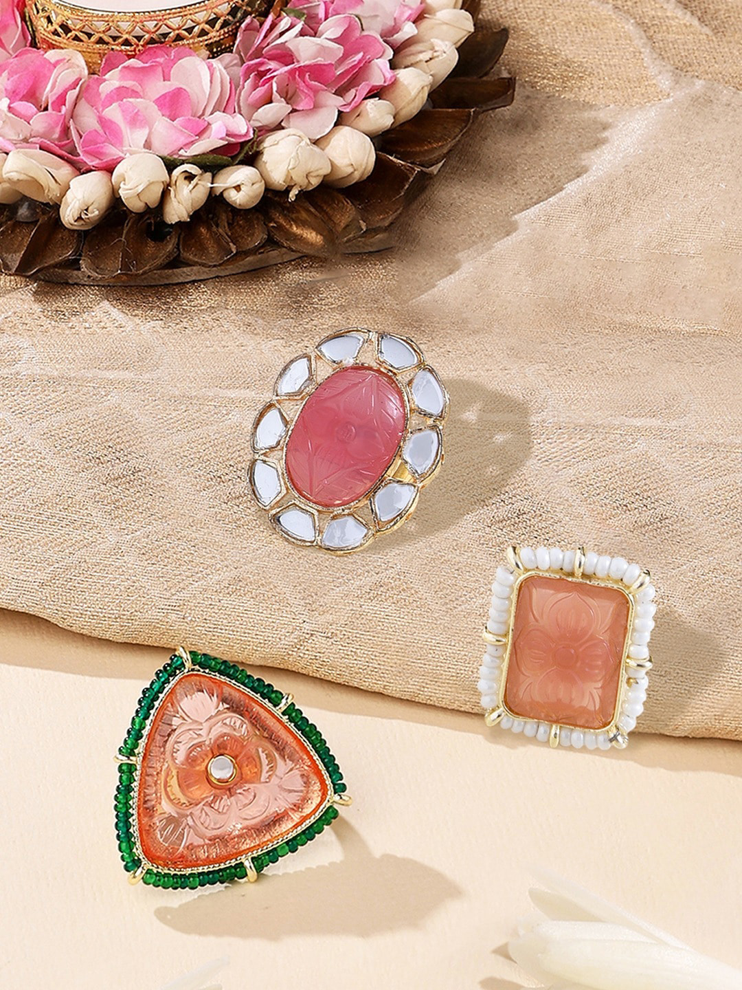 

Zaveri Pearls Set Of 3 Gold-Plated Stone-Studded & Beaded Adjustable Finger Rings