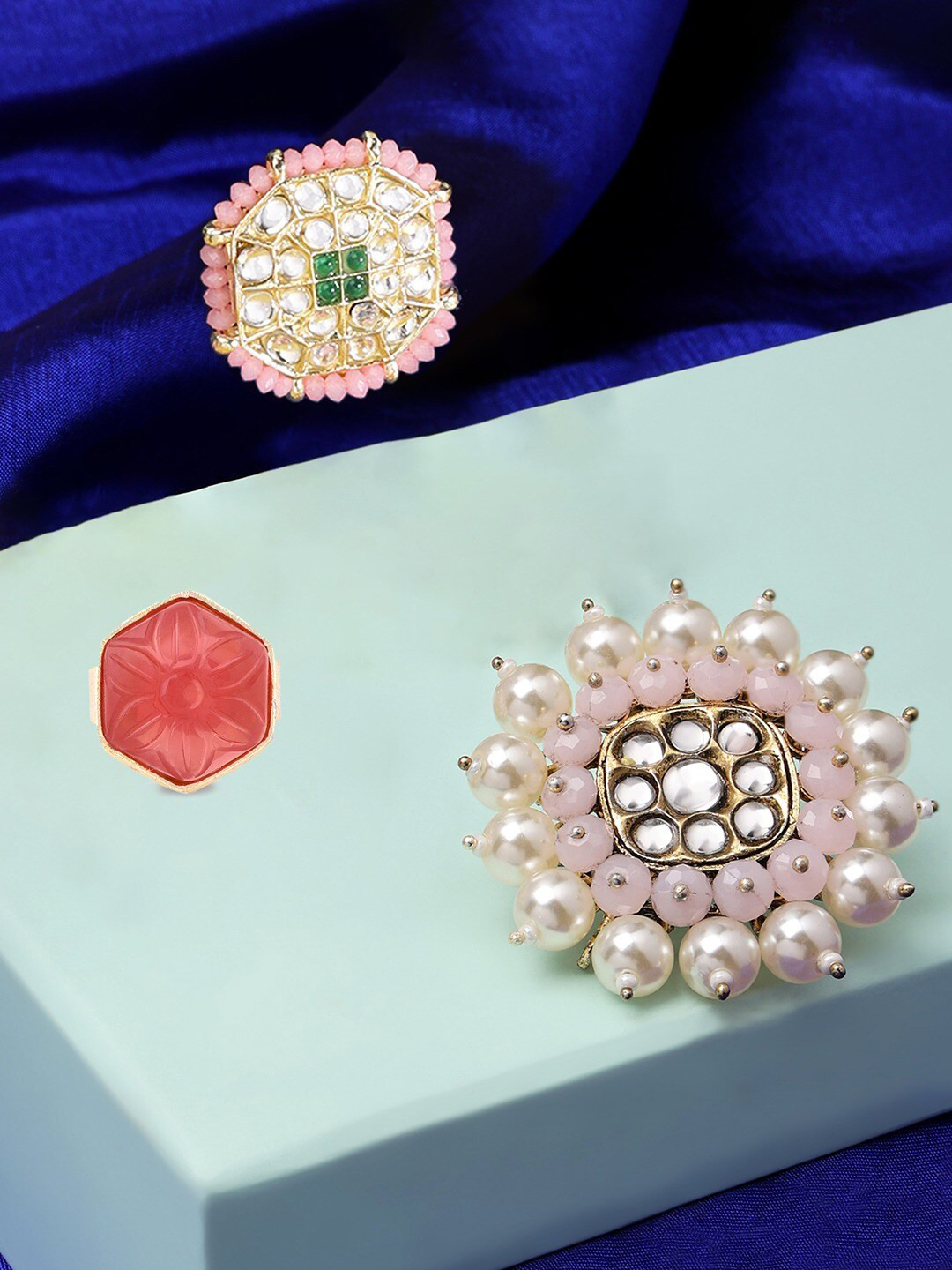 

Zaveri Pearls Set Of 3 Gold-Plated Kundan Studded & Beaded Finger Rings, Pink