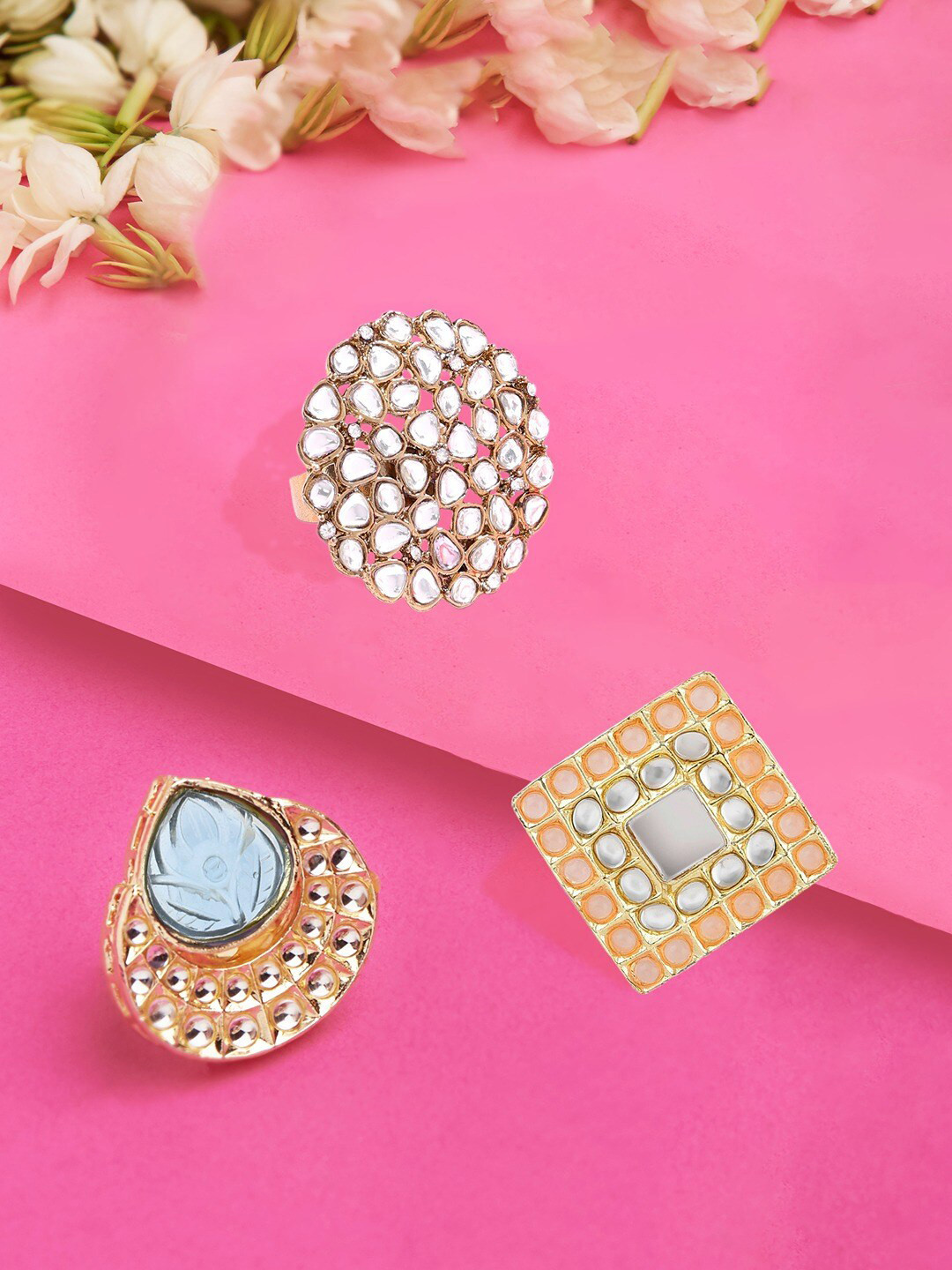 

Zaveri Pearls Set Of 3 Gold-Plated & Kundan Studded Adjustable Finger Ring