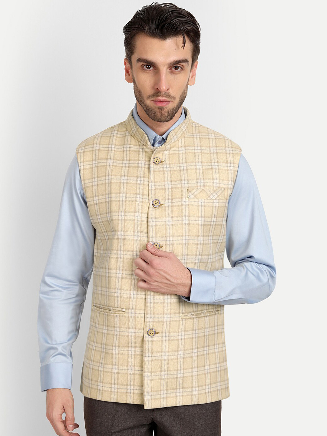 

Vandnam Fabrics Men Checked Slim Fit Woolen Nehru Jackets, Cream