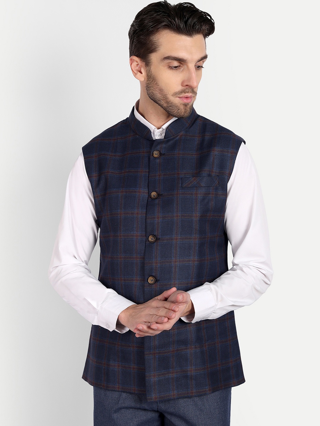 

Vandnam Fabrics Men Checked Slim Fit Woolen Nehru Jackets, Blue