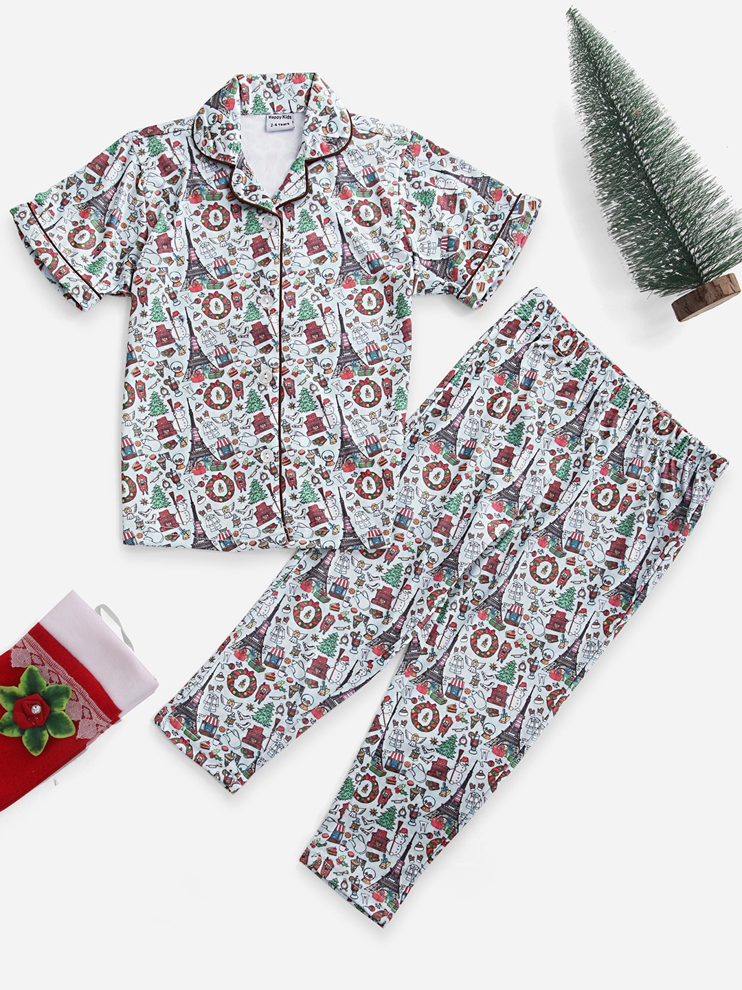 Prettify Kids Printed Satin Night suit, Grey