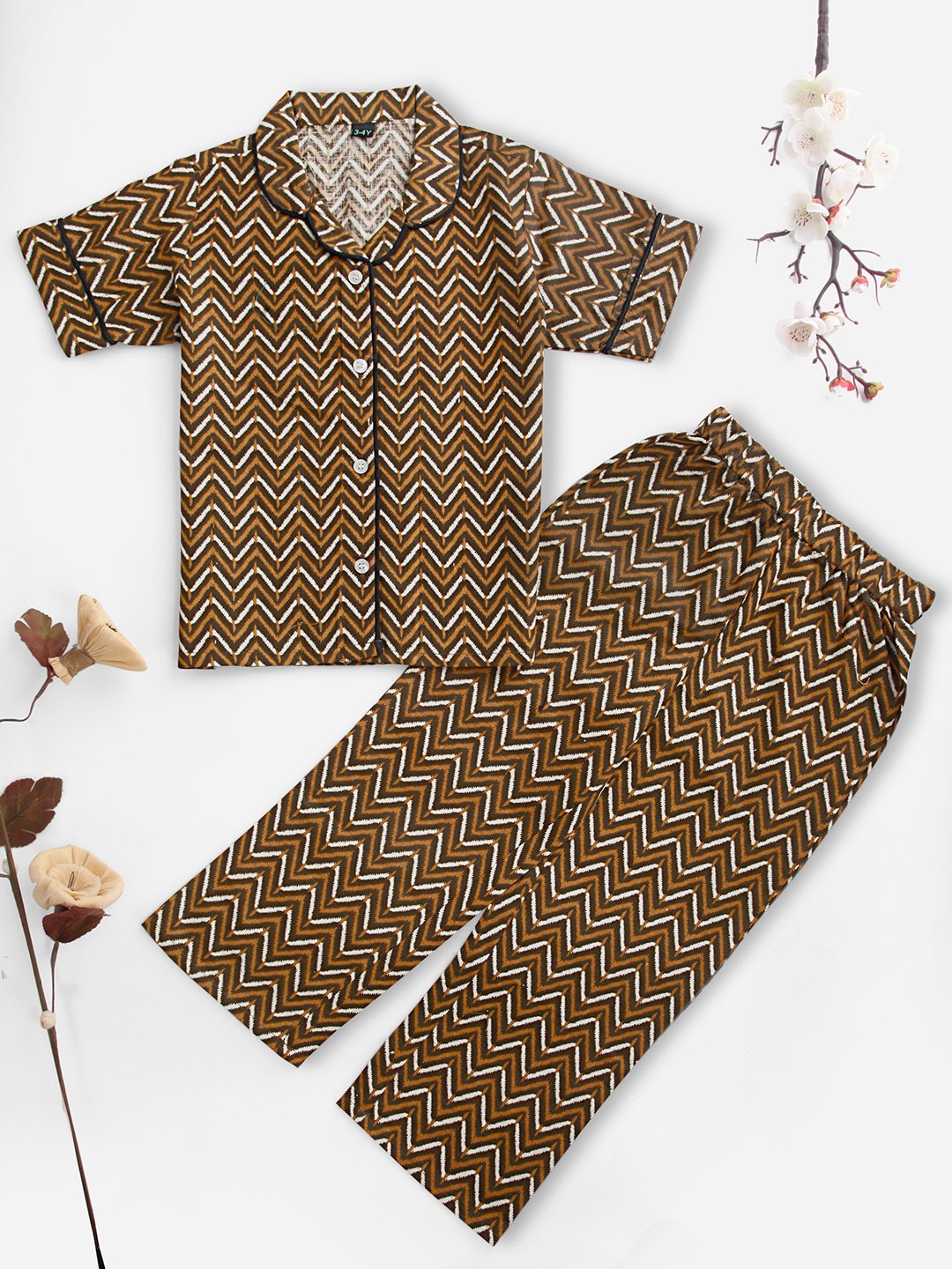 

Prettify Kids Coffee Printed Satin Night suit, Coffee brown