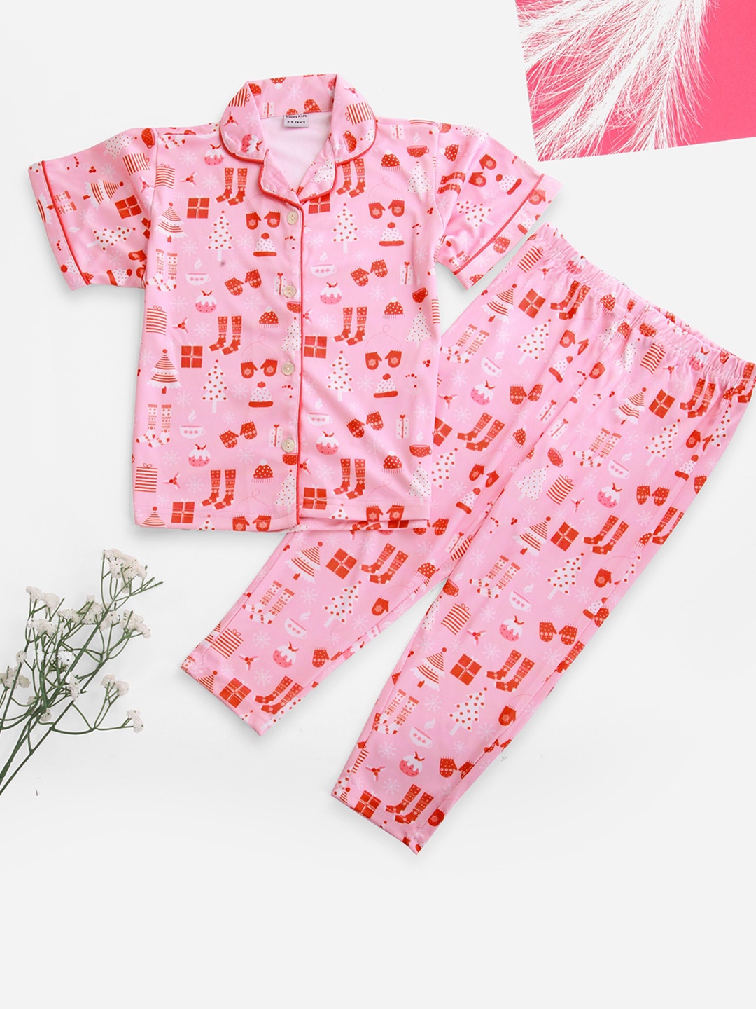 

Prettify Kids Printed Satin Night suit, Pink
