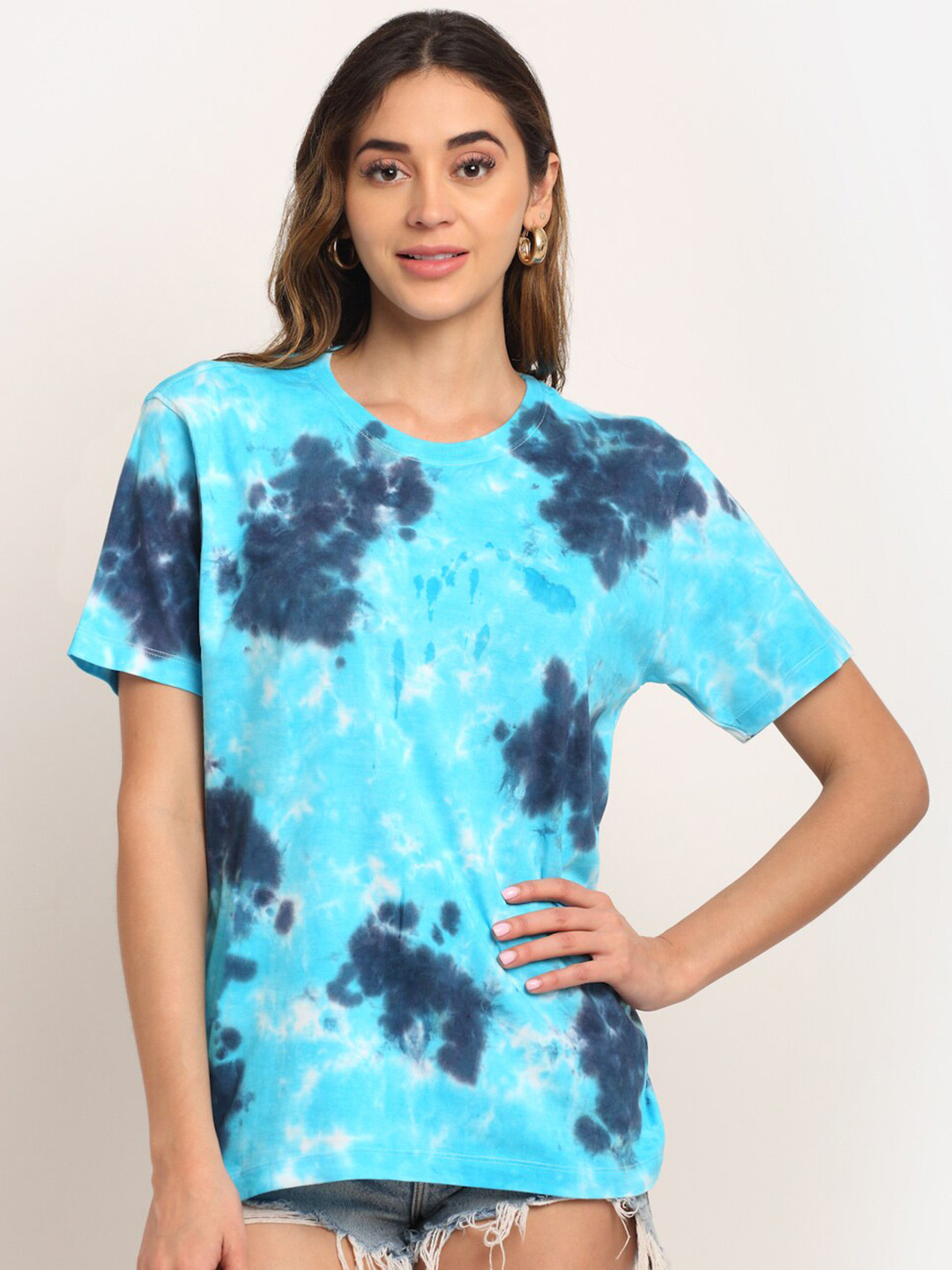

Ennoble Women Tie and Dye Cotton Oversize T-shirt, Blue