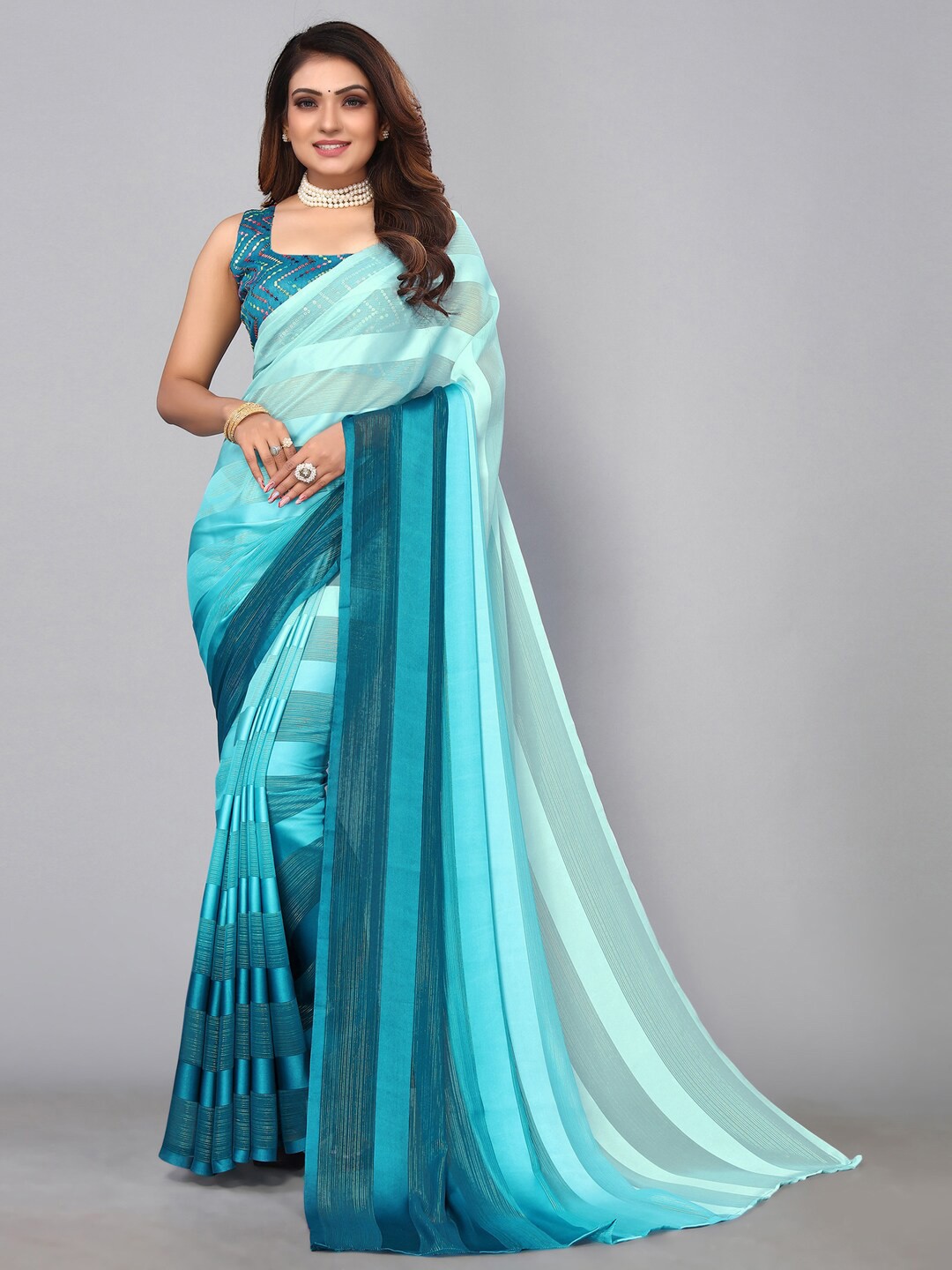 

Mitera Striped Saree, Turquoise blue