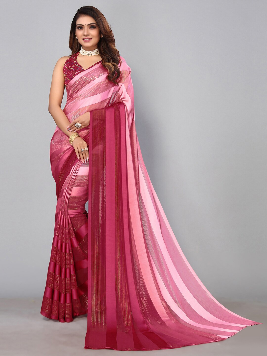 

Mitera Patta With Zari Stripes Sequinned Saree, Pink