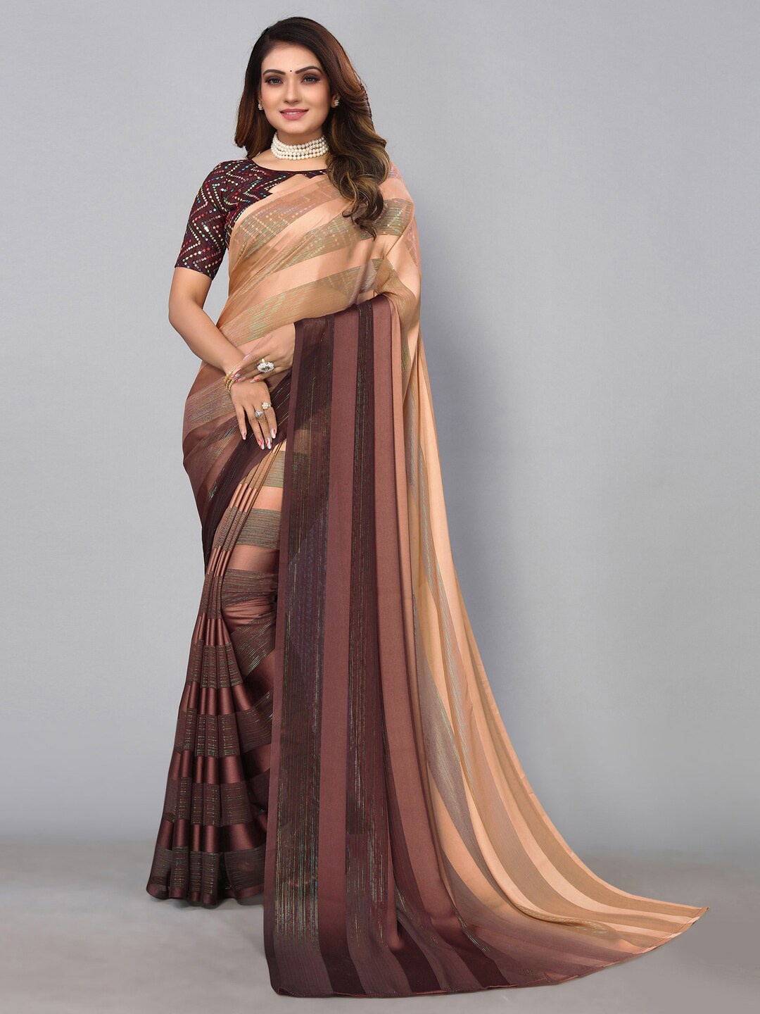 

Mitera Patta With Zari Stripes Sequinned Saree, Brown