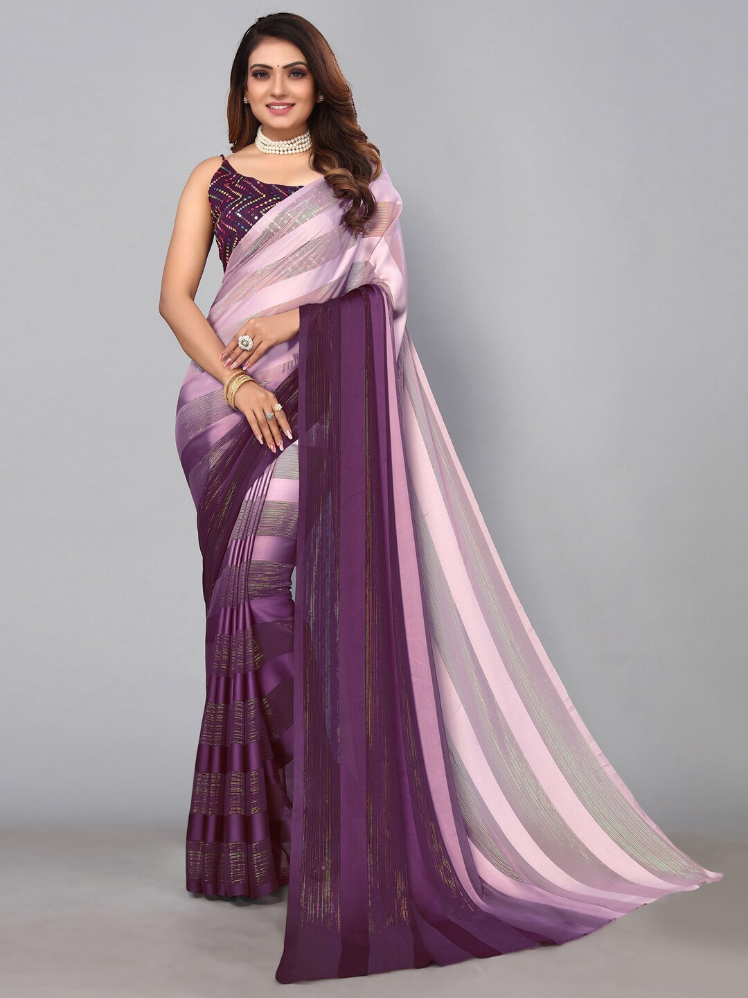 

Mitera Patta With Zari Stripes Sequinned Saree, Pink