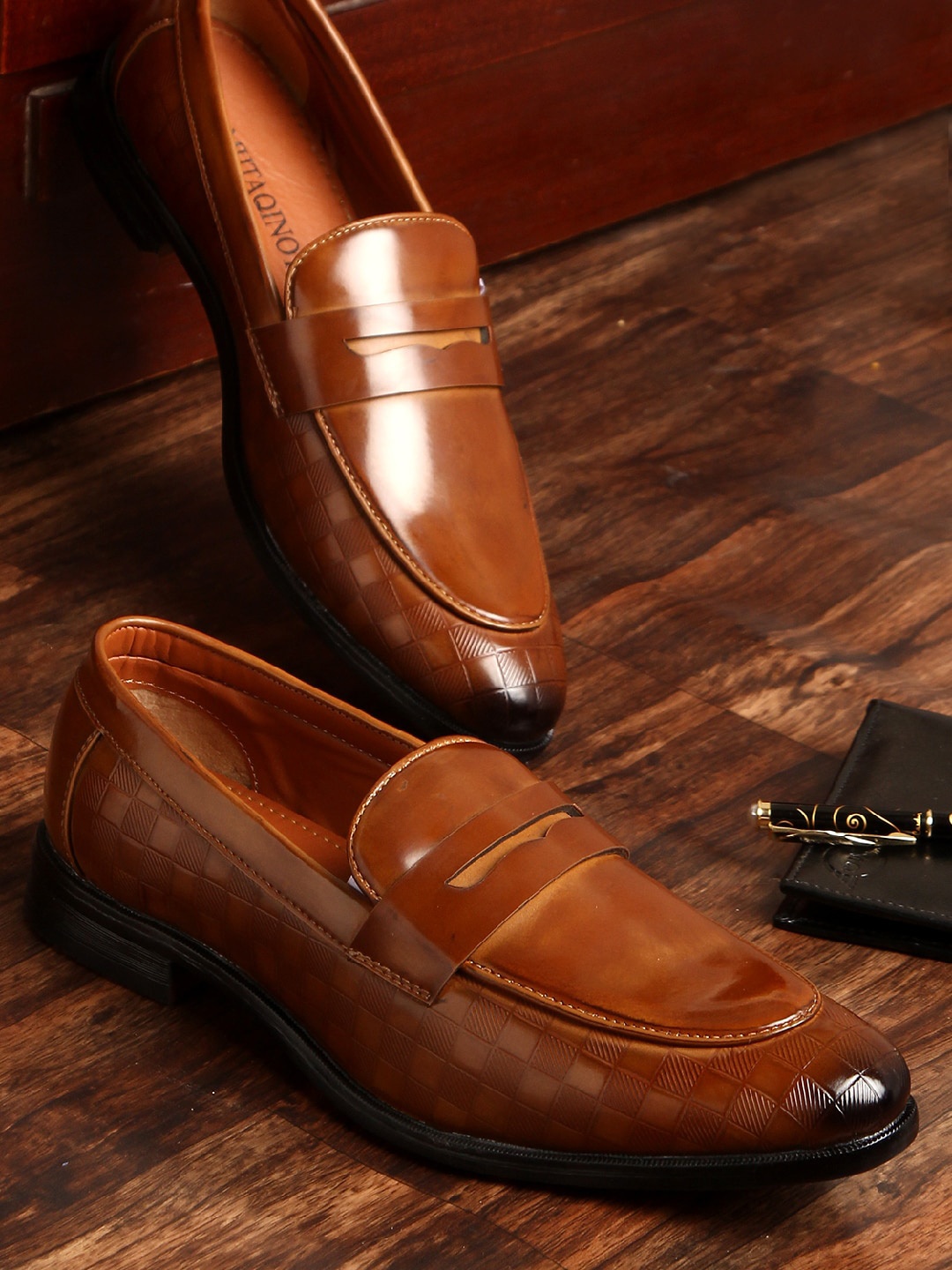 

MUTAQINOTI Men Textured Formal Patent Leather Loafers, Tan