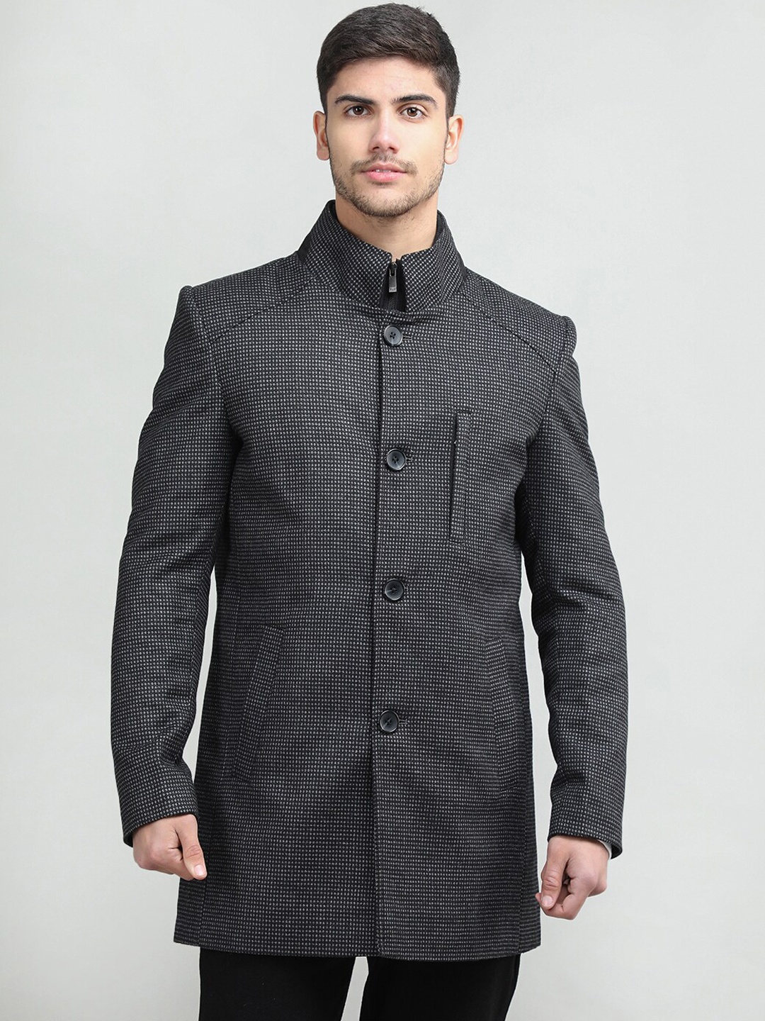 

LURE URBAN Men Checked Wool Regular Fit Overcoat, Black