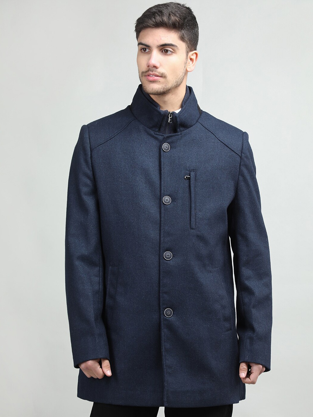 

LURE URBAN Men Single-Breasted Wool Regular Fit Overcoat, Navy blue
