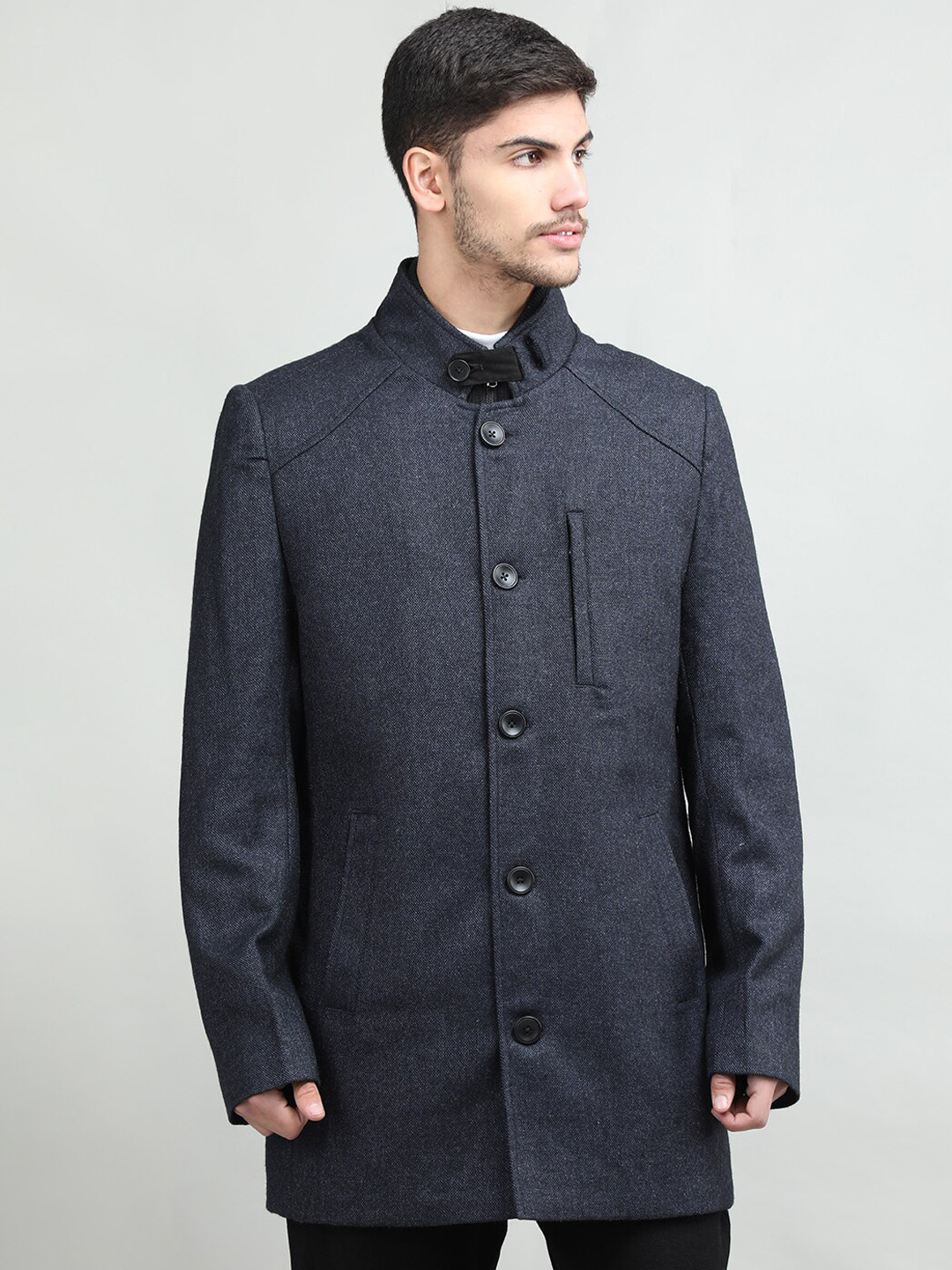 

LURE URBAN Men Self Design Wool Regular Fit Overcoat, Navy blue