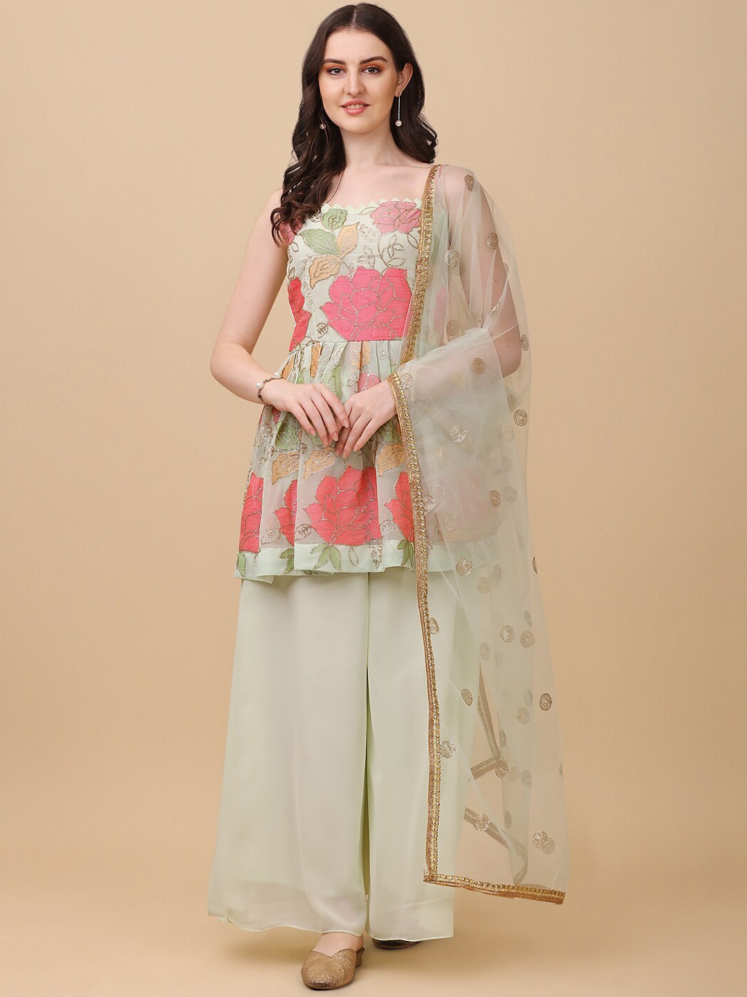 

Virah Fashion Floral Embroidered Sequinned Kurta with Palazzos & Dupatta, Green