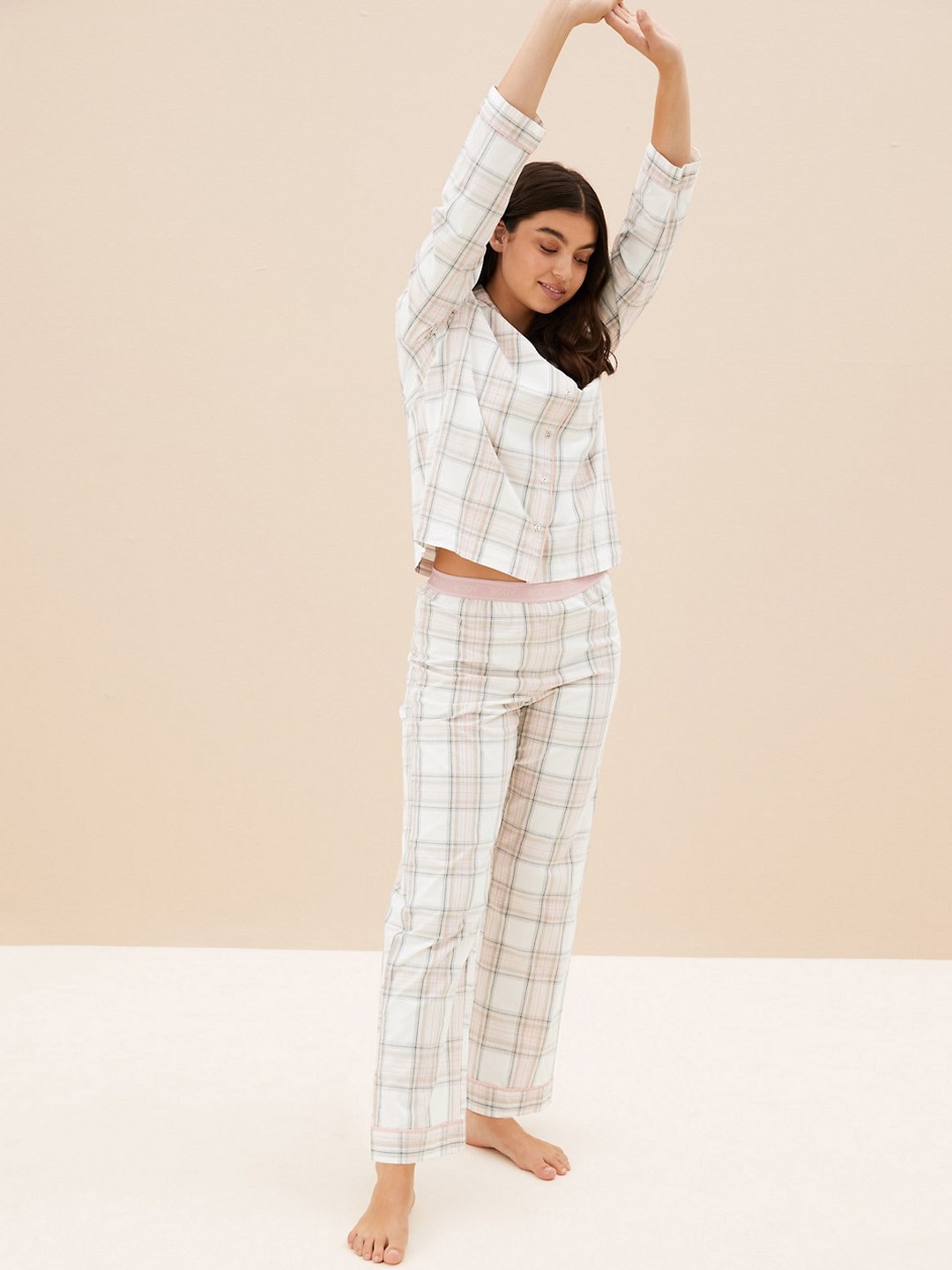 

Marks & Spencer Women Checked Pure Cotton Night suit, Pink