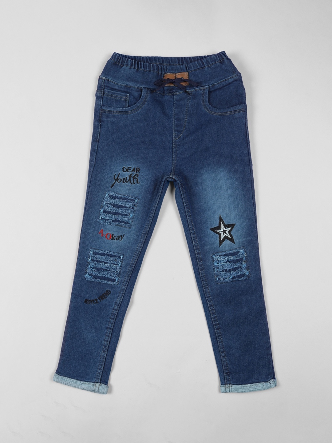 

A-Okay Girls Slim Fit High-Rise Mildly Distressed Embroidered Cotton Jeans, Blue