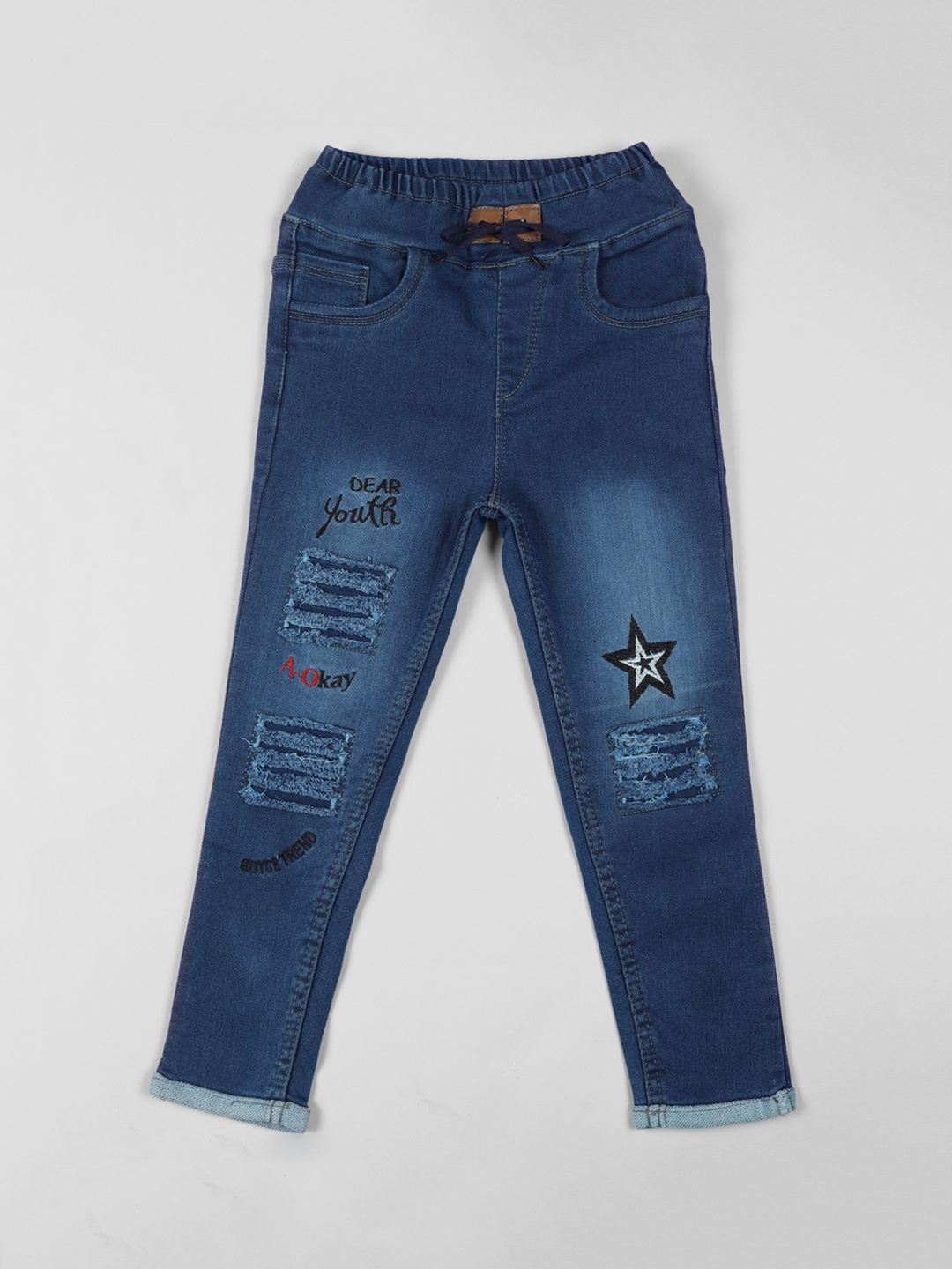 

A-Okay Unisex Kids Slim Fit High-Rise Mildly Distressed Embroidered Cotton Jeans, Blue