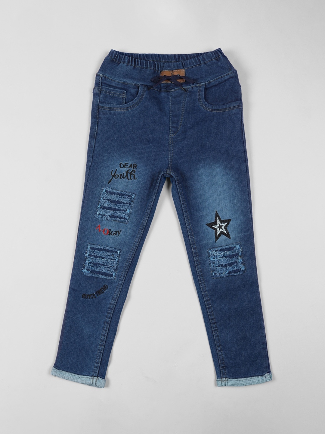 

A-Okay Boys Slim Fit High-Rise Mildly Distressed Embroidered Cotton Jeans, Blue