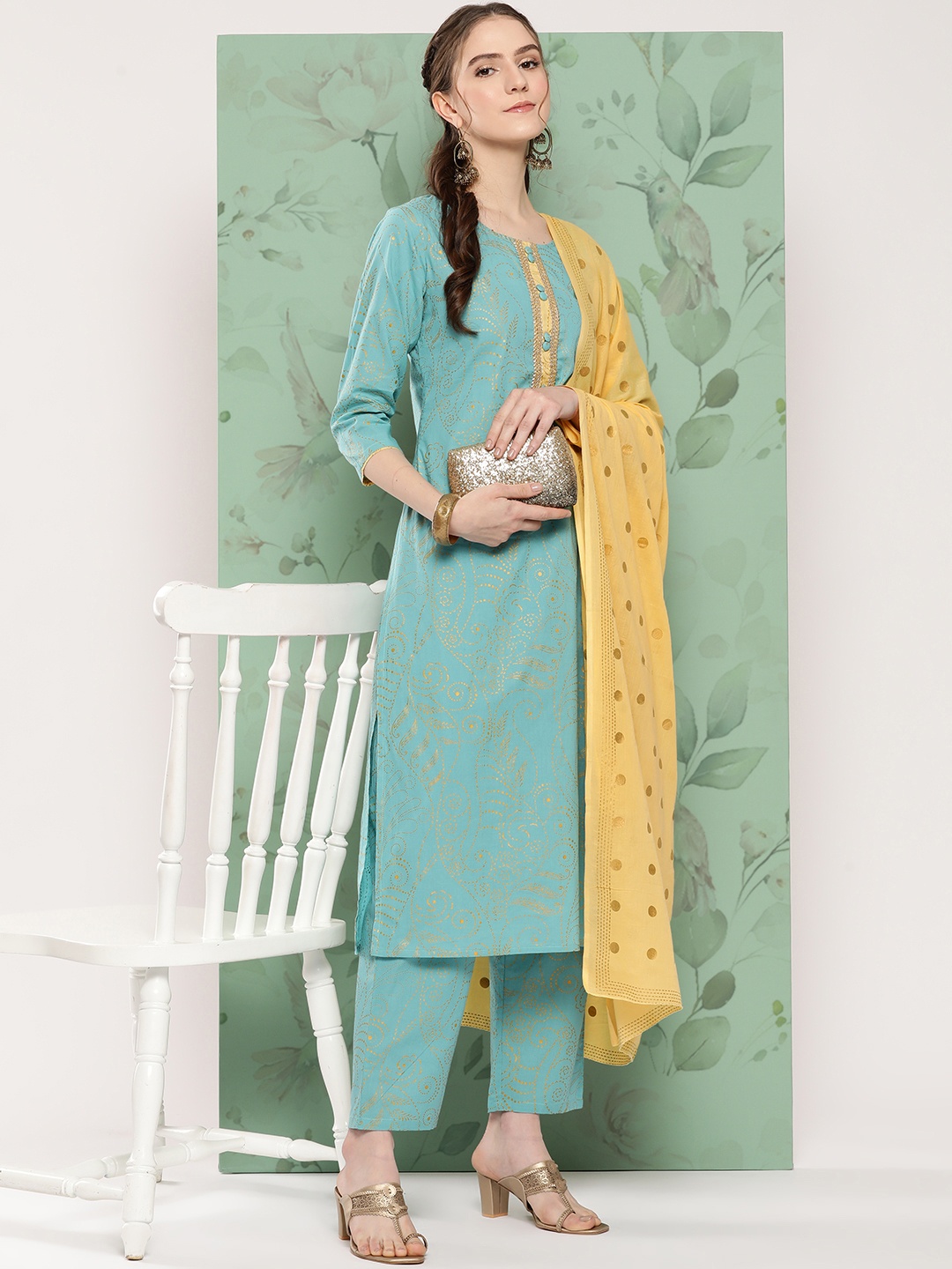 

Yufta Women Paisley Printed Gotta Patti Pure Cotton Kurta With Trousers & Dupatta, Turquoise blue