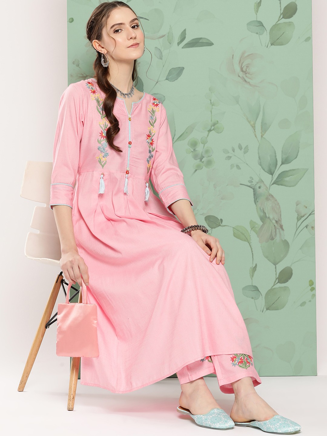 

Yufta Women Floral Embroidered Pure Cotton Kurta With Trousers, Pink