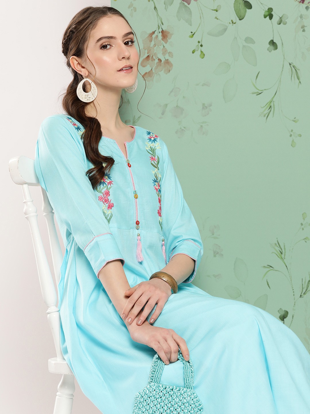 

Yufta Floral Embroidered Pure Cotton Kurta with Trousers, Turquoise blue