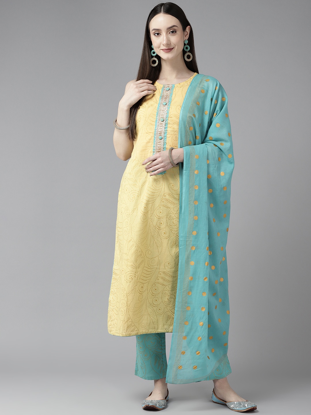 

Yufta Paisley Yoke Design Gotta Patti Pure Cotton Kurta with Trousers & With Dupatta, Yellow