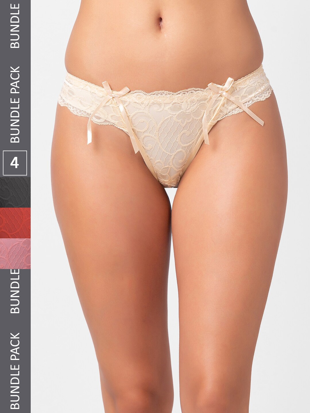 

FashionRack Women Pack Of 4 Lace Thong Briefs 6031_SBMPi, Beige