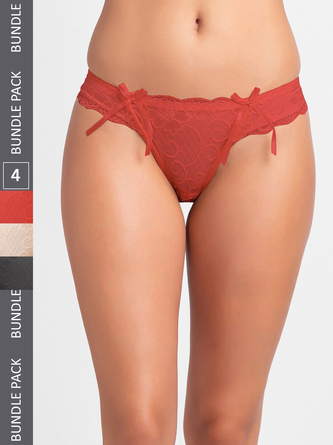 

FashionRack Women Pack Of 4 Lace Thong Briefs 6031_SBMR, Red