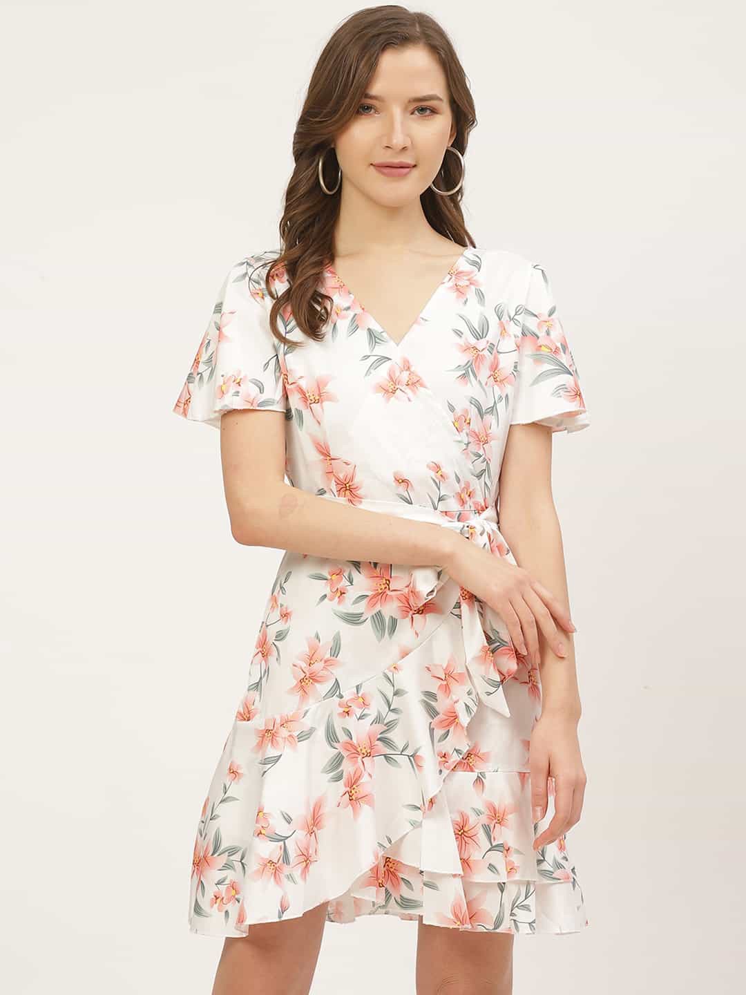 

ANVI Be Yourself Floral Printed V-Neck Wrap Dress, White