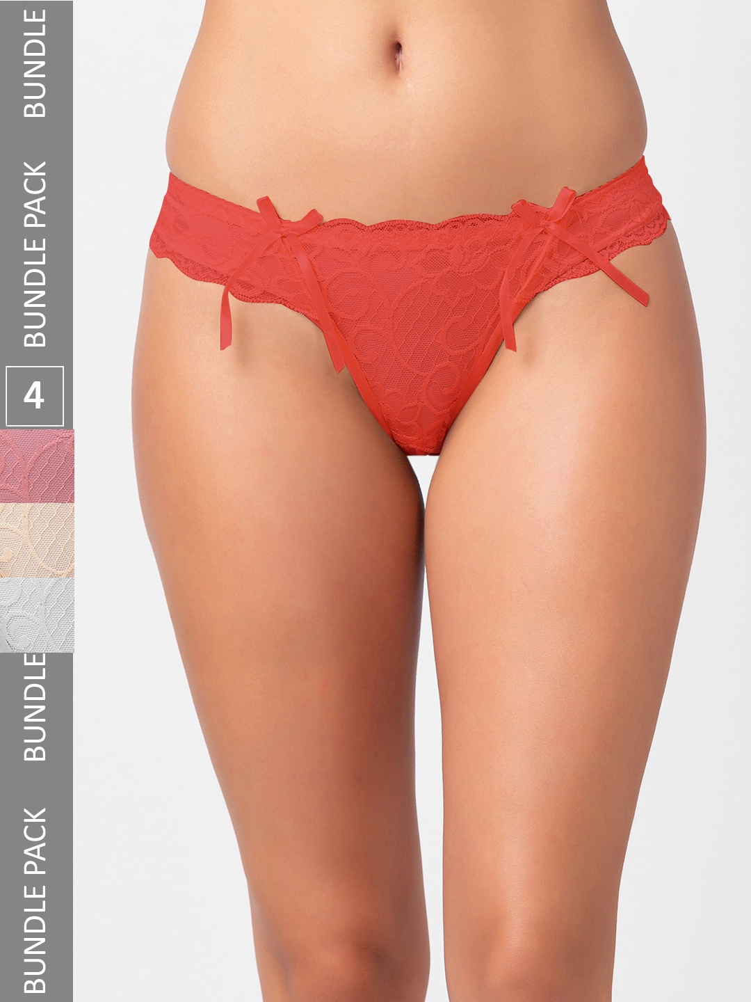 

FashionRack Women Pack Of 4 Assorted Self Design Low-Rise Thong Briefs