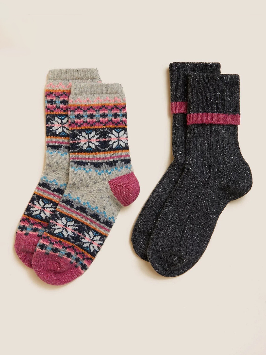 

Marks & Spencer Women Pack Of 2 Patterned Ankle-Length Acrylic Socks, Grey