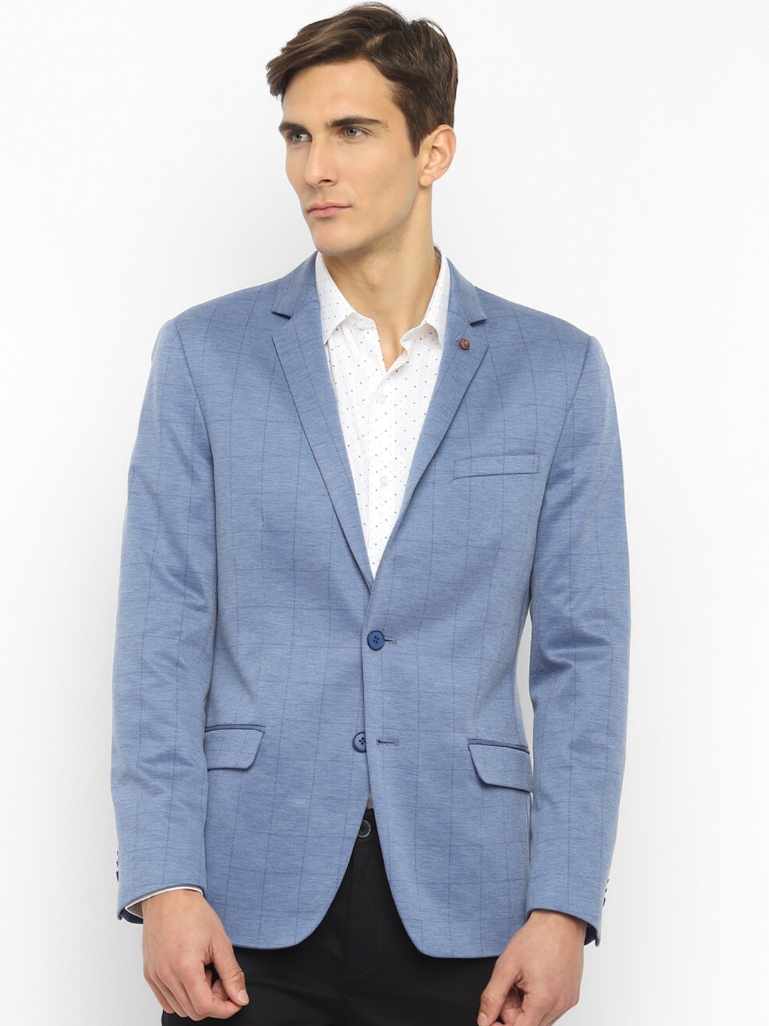 

Turtle Men Checked Single Breasted Cotton Blazer, Blue