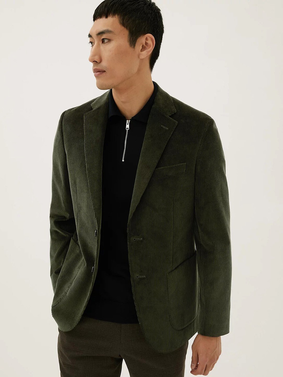 

Marks & Spencer Men Self Design Single-Breasted Cotton Blazer, Olive