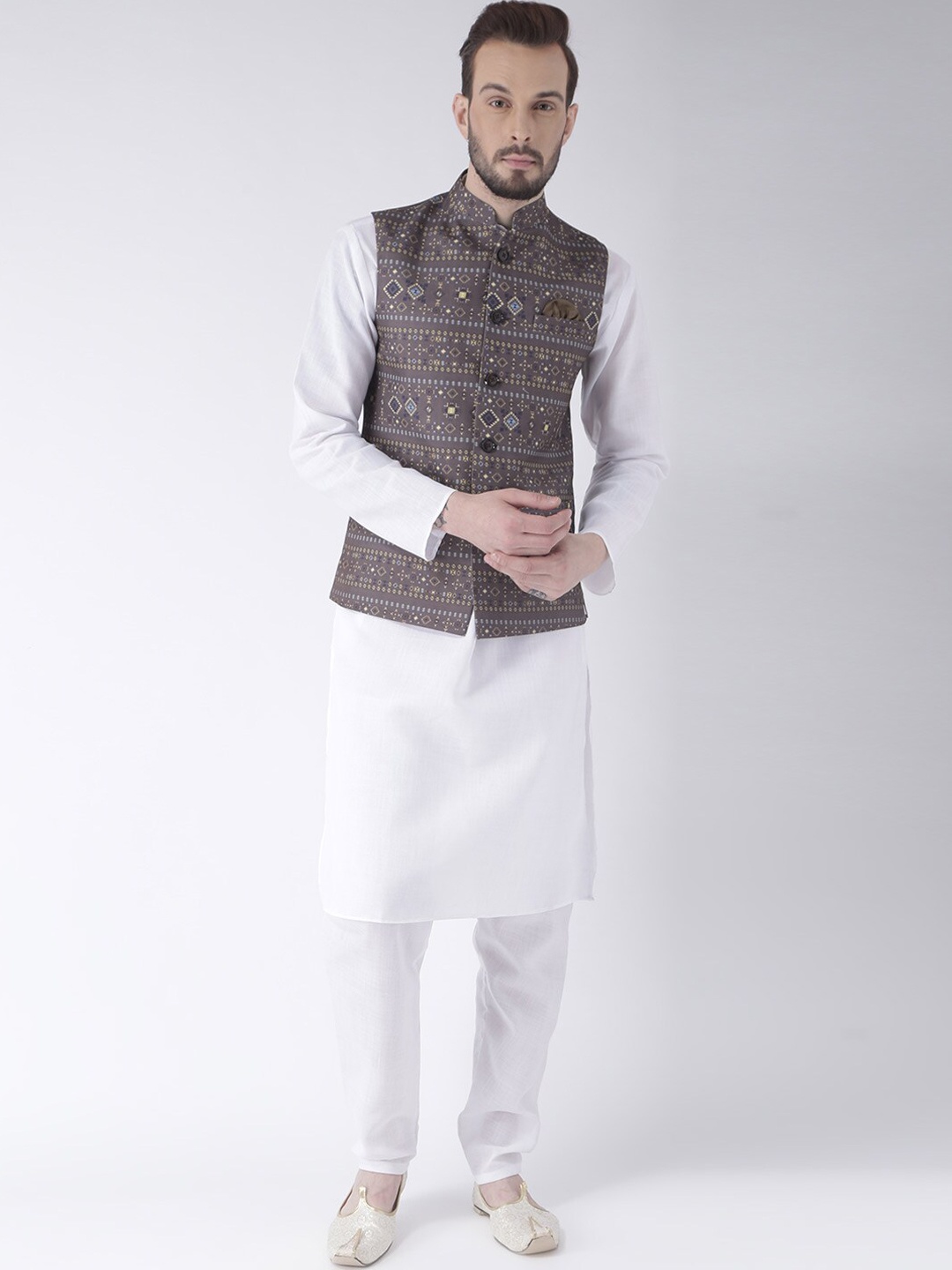 

hangup plus Men Pure Cotton Kurta with Pyjamas & Nehru Jacket, White