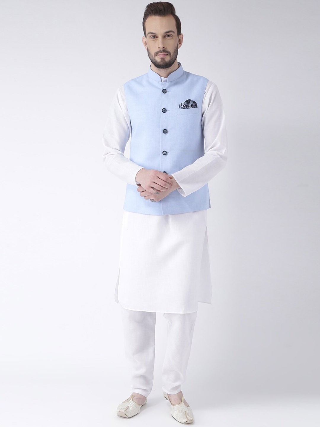 

hangup plus Men Pure Cotton Kurta with Pyjamas and Nehru Jacket, White