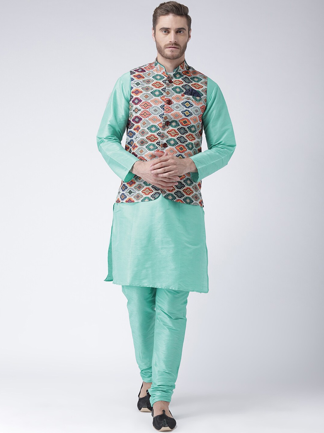 

hangup plus Men Printed Kurta with Pyjamas & Nehru Jacket, Blue